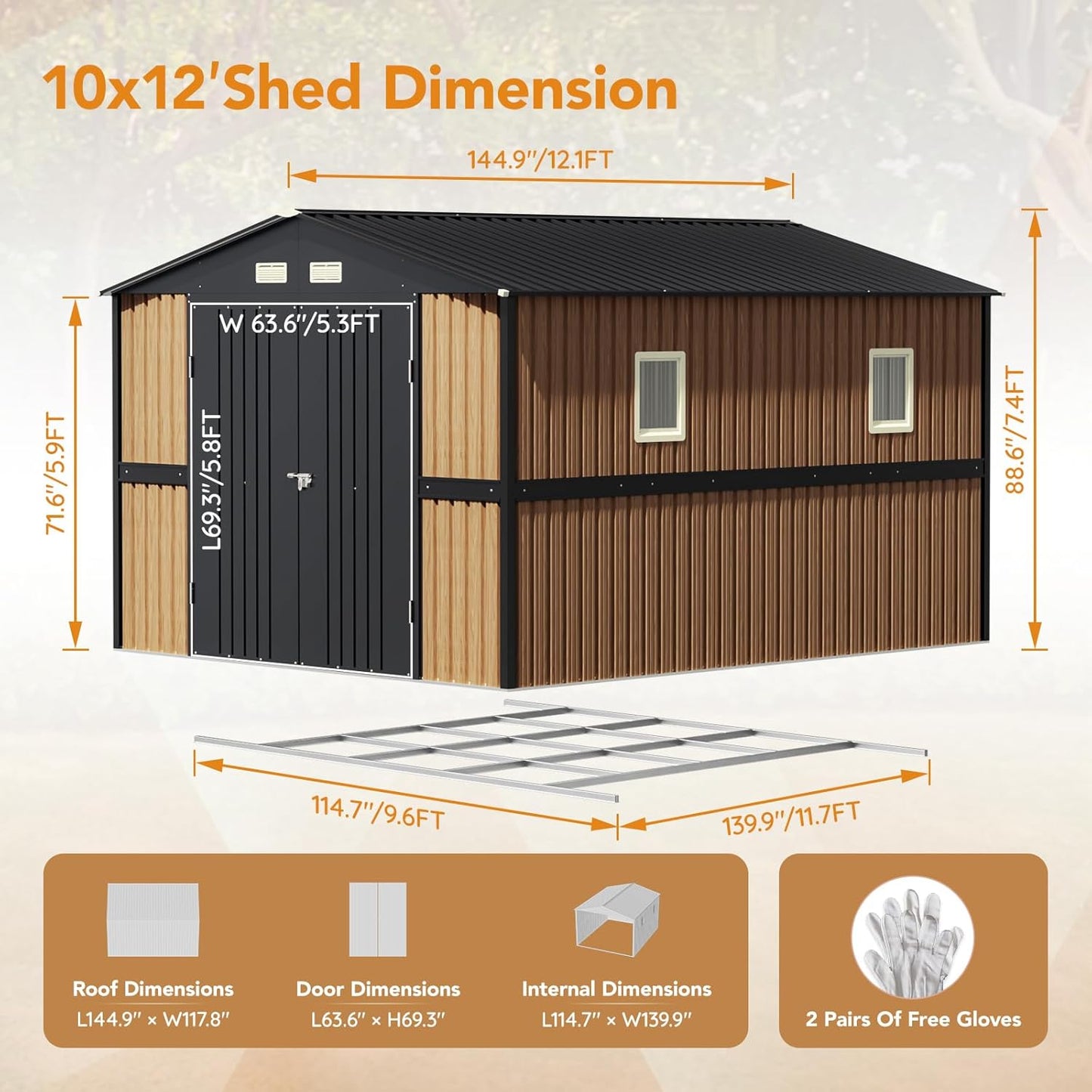 10X12 FT Outdoor Steel Storage Shed with Lockable Doors, 2 Windows, Garden Shed with Metal Frame Floor, Ideal for Backyard, Patio Storage,Chicken Coop(Wood Panels Not Included)