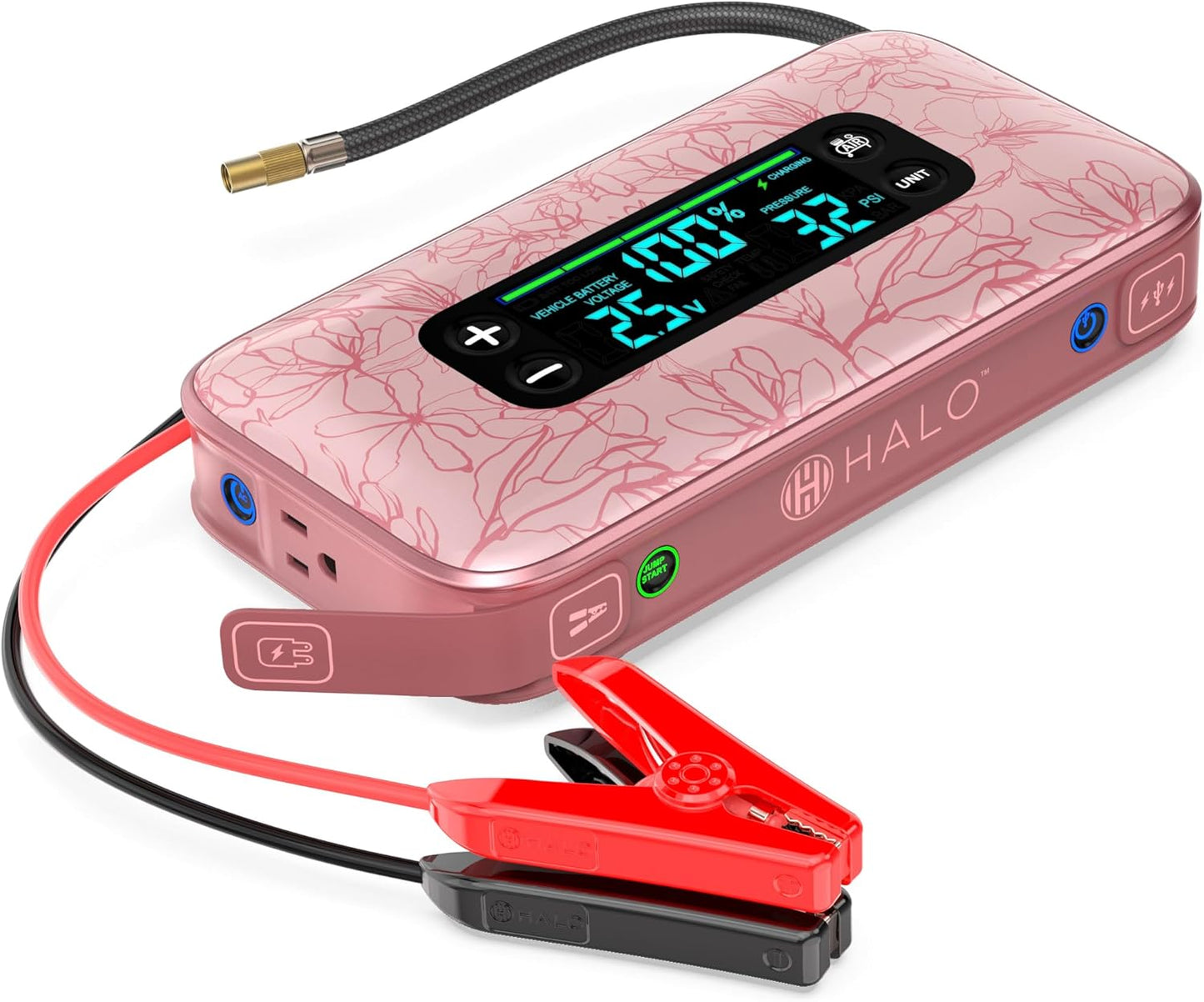 HALO Bolt Ultimate 3 Portable Car Battery Jump Starter | 130 PSI Air Compressor, 55.5Wh USB Power Bank, Large Display, Emergency Floodlight & Charger, Jumps Cars SUVs & Trucks, Inflates Tires — Rose