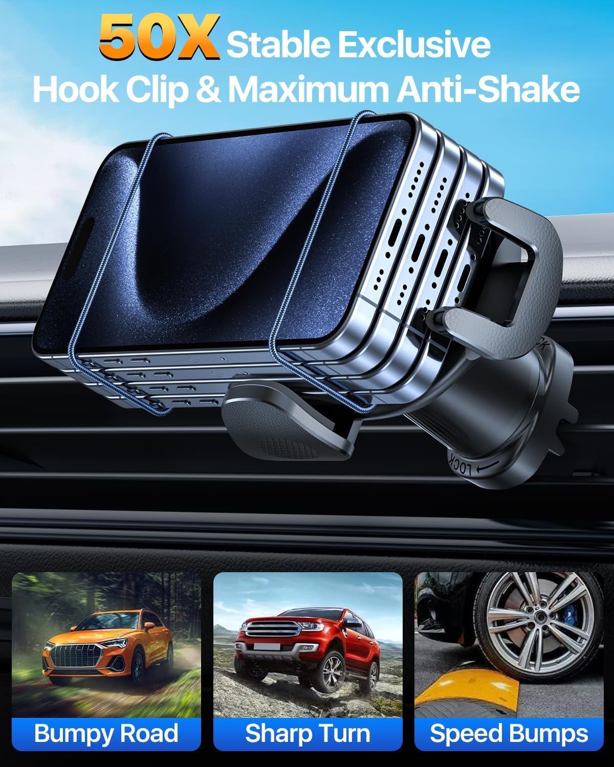 HTU 【Military-Grade】 Car Phone Holder,【Strongest & Longest Steel-Hook】 Car Vent Mount, Handsfree 360° Adjustable Automobile Cradle Air Clip Stand for iPhone 16 15 14 13 12 Pro Max Samsung, Black