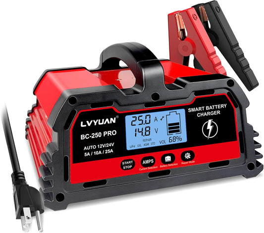 LVYUAN 25Amp Smart Car Battery Charger, 12V/24V Automotive Charger, Lead-Acid Battery, LiFePO4 Battery Maintainer with LCD Display, Trickle Charger, for Lawn Mower, Motorcycle, AGM, STD, Gel, EFB,etc