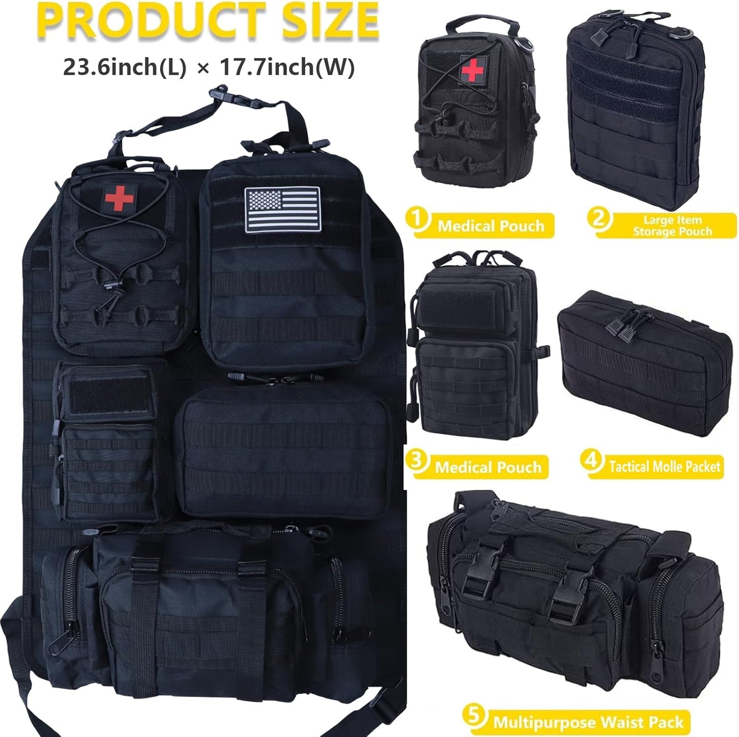 Universal Tactical Seat Back Organizer Vehicle Molle Panel Organizer Storage Bag with 5 Detachable Molle Pouch for All Vehicel Such as Jeep,Truck,SUV, Car, Ford,Chevy etc