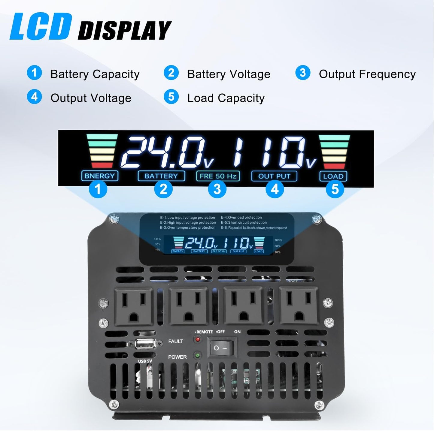 4000 Watt Power Inverter, Car Inverter 24V DC to 110V/120V AC Converter with LCD Display, 4 AC Outlets, USB Port & Remote Controller for RV, Truck, Off-Grid Solar System