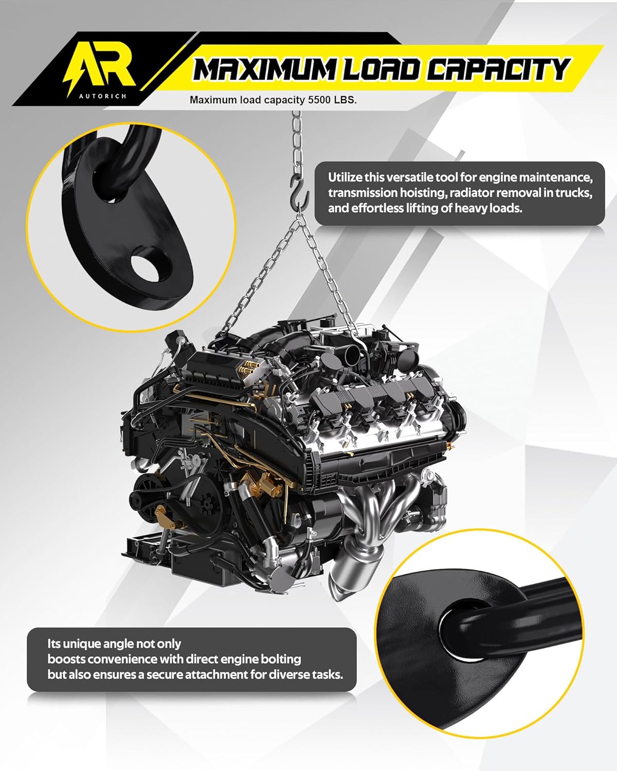 7100 Lifting Bracket Set for Engine - 4 Heavy-Duty Engine Lift Bracket 5500 Lb Capacity, Engine Support Bar for Lifting Slings and Load Levelers, Black