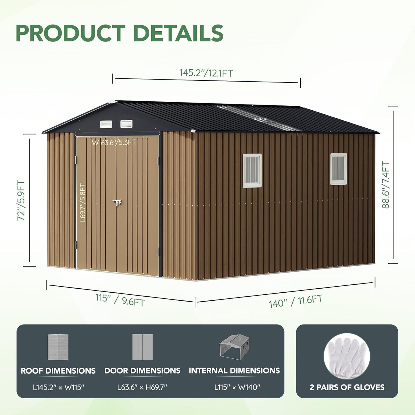 10X12X7.5 FT Outdoor Steel Storage Shed with Lockable Doors, 2 Windows, Transparent Roof Panels (Wood Panels & Frame Floor Not Included), Ideal for Patio Storage,Garbage Can, Chicken Coop，Brown