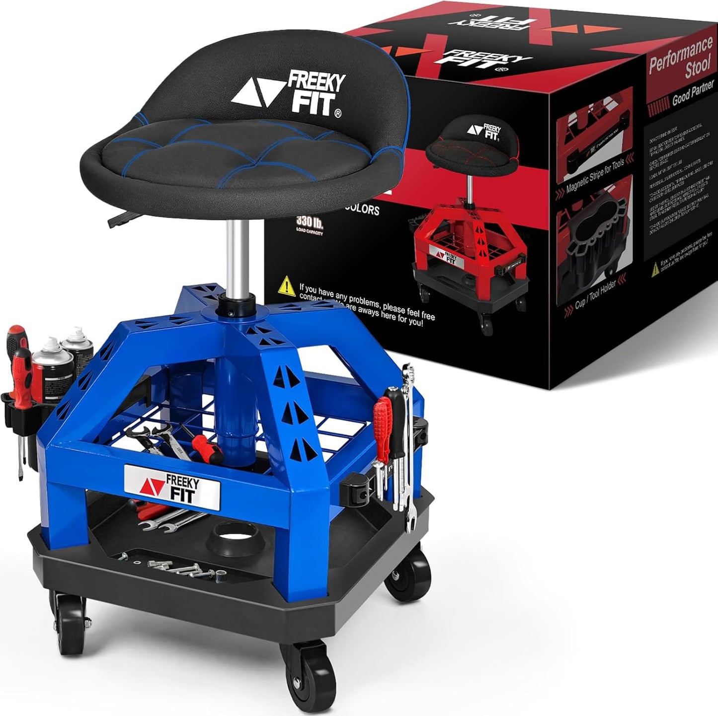 Rolling Shop Stool for Garage with Casters, DO02-Adjustable Height 360° Swivel Shop Seat with Tool Tray Storage, 330 LBS Capacity Padded Mechanic Stool, Magnetic Tool Hold, Heavy Duty, Blue