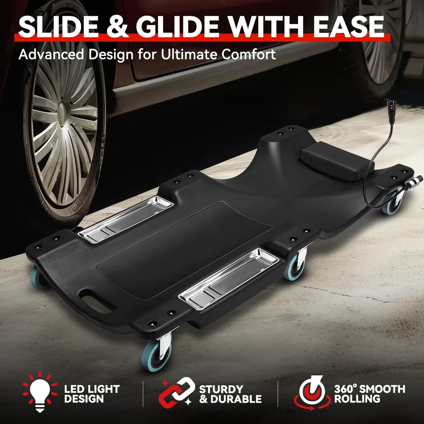 Auto Dynasty 40 Inches Mechanic Creeper, Automotive Garage Repair Low Profile Under Car Rolling Creeper with LED Light and Padded Headrest, Plastic, Black