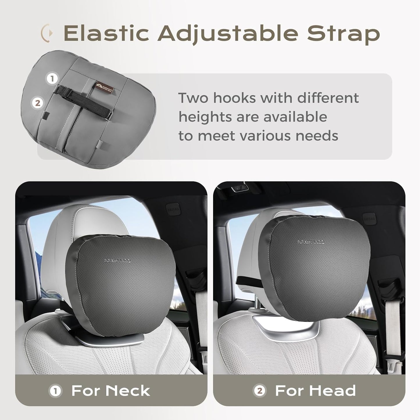 Coverado Leather Car Headrest Pillow Car Neck Pillow with Adjustable Strap, Head Support Rest Driver Relax Head Muscles Relieve Driving Fatigue, Breathable & Removable Cover, Gray