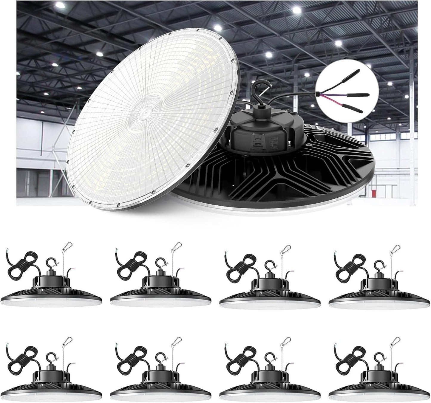 240W/200W/150W UFO LED High Bay Light, UL & DLC Listed 5000K Daylight 33600LM, 0-10V Dimmable, AC100-277V, IP65 Waterproof Commercial Bay Lighting Fixture for Warehouse Workshop(9 Pack)