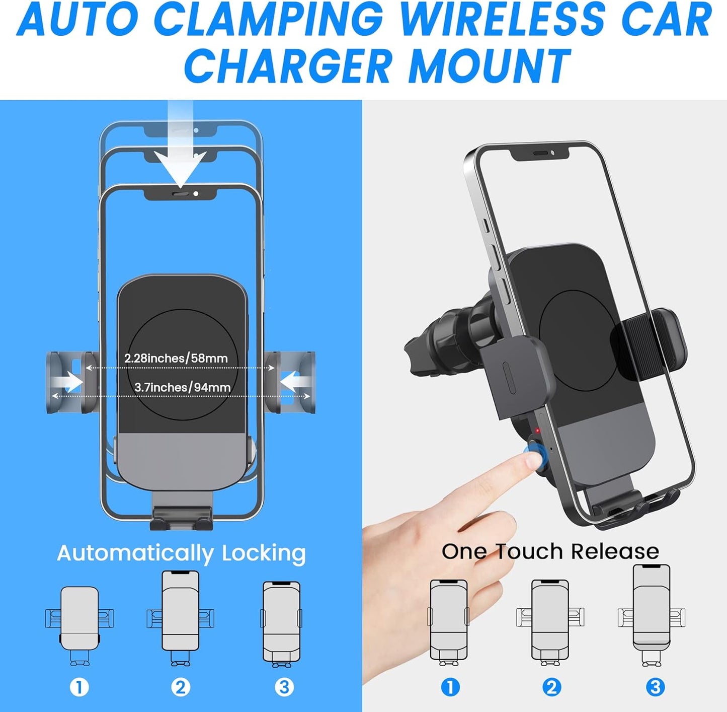 Wireless Car Charger, Fast Charging 15W Auto Clamping Car Charger Phone Holder Phone Mount for iPhone16 15 14 13 12 11 Pro Max Xs, Samsung Galaxy S24 Ultra S23 S22 S21 S20 S10+ Note 9, etc