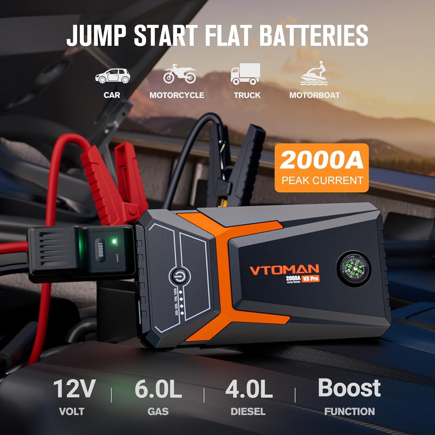 VTOMAN V3 Pro 2000A Jump Starter, Car Battery Jumper Starter Portable for 6L Gas/4L Diesel Engines, Lithium Jump Box, 12V Auto Car Battery Charger Jump Starter Boost Pack and Jumper Cables, LED Lights