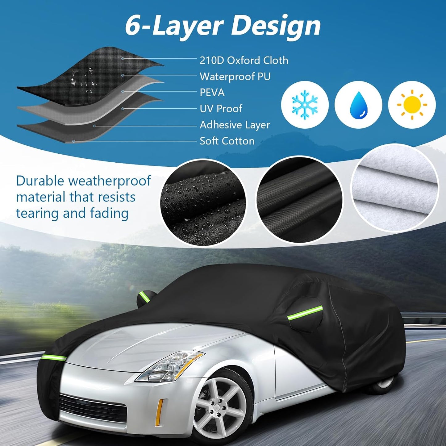 Car Cover Waterproof for 2003-2009 Nissan 350Z,210D Oxford Cloth with Cotton Outdoor Car Covers with Zipper Windproof Heavy Duty All Weather (Black)