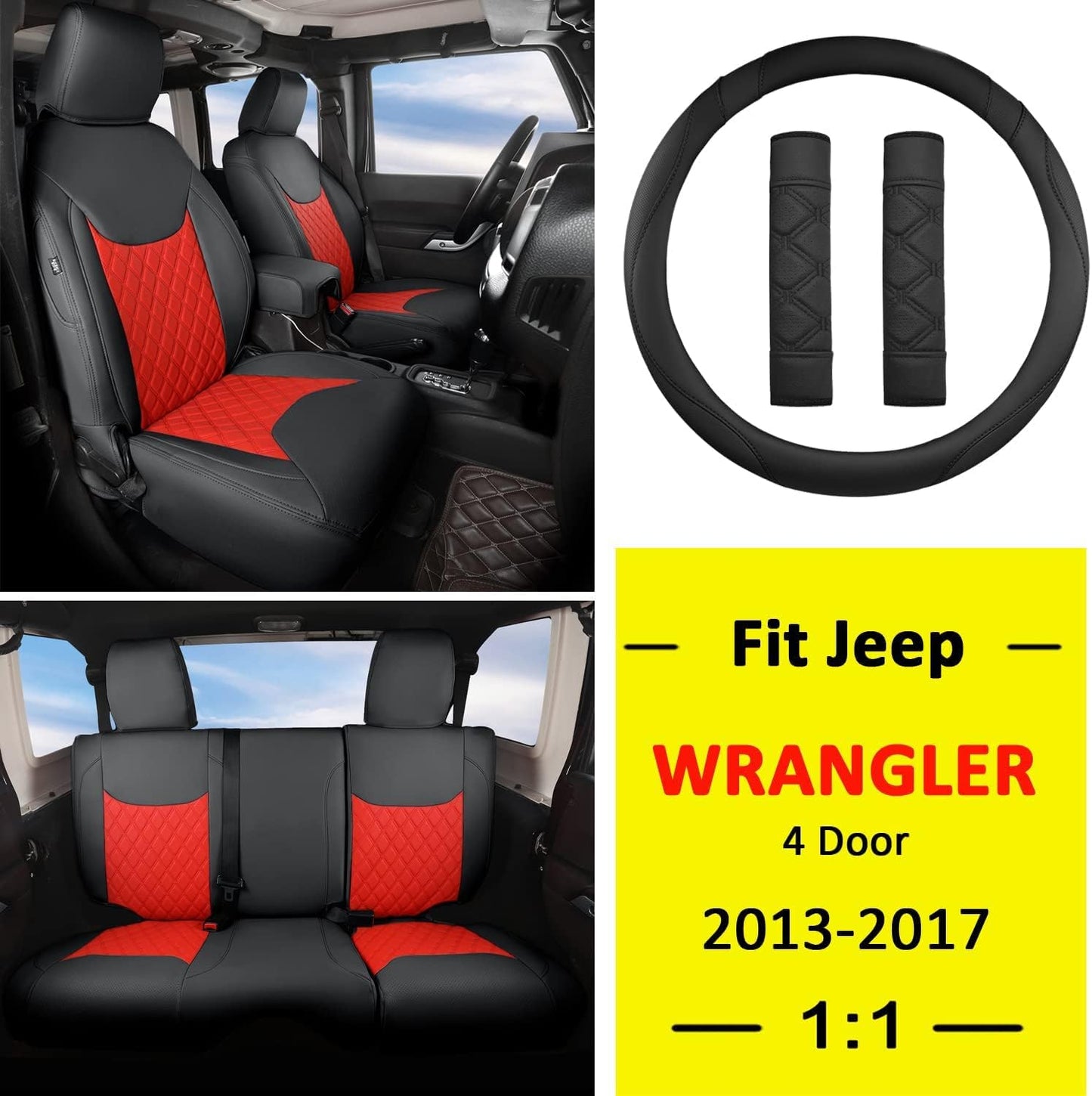 GIANT PANDA Customized Full Set Car Seat Covers for Jeep Wrangler 4 Door JK Sahara Sport Rubicon Unlimited Willys Wheeler Altitude 2013 2014 2015 2016 2017, Faux Leather - (Black+Red)