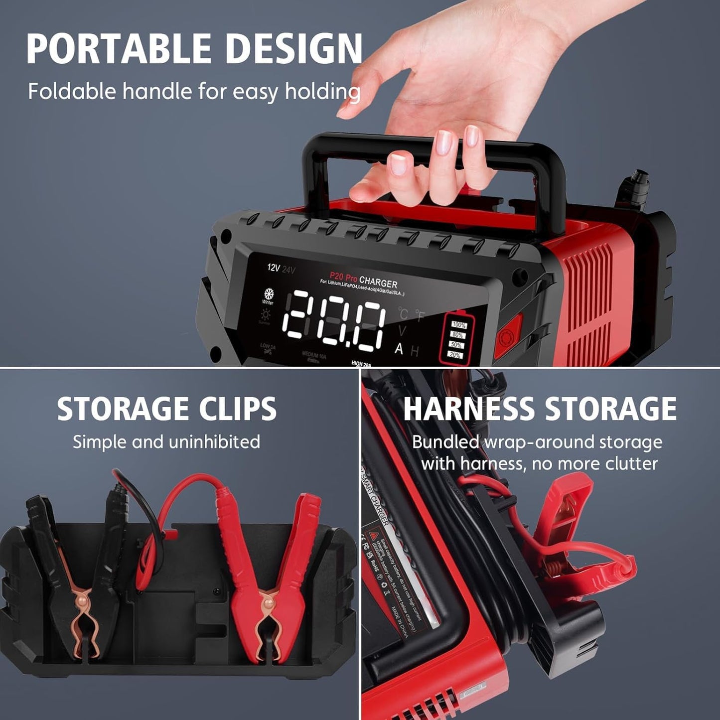 Battery Charger 0-20Amp,12V/24V Lithium,LiFePO4,Lead Acid,Fully-Automatic Smart Car Battery Charger,Trickle Charger, Maintainer/Pulse Repair for Boat, Motorcycle,Suv,Truck,Golf Cart, Lawn Mower