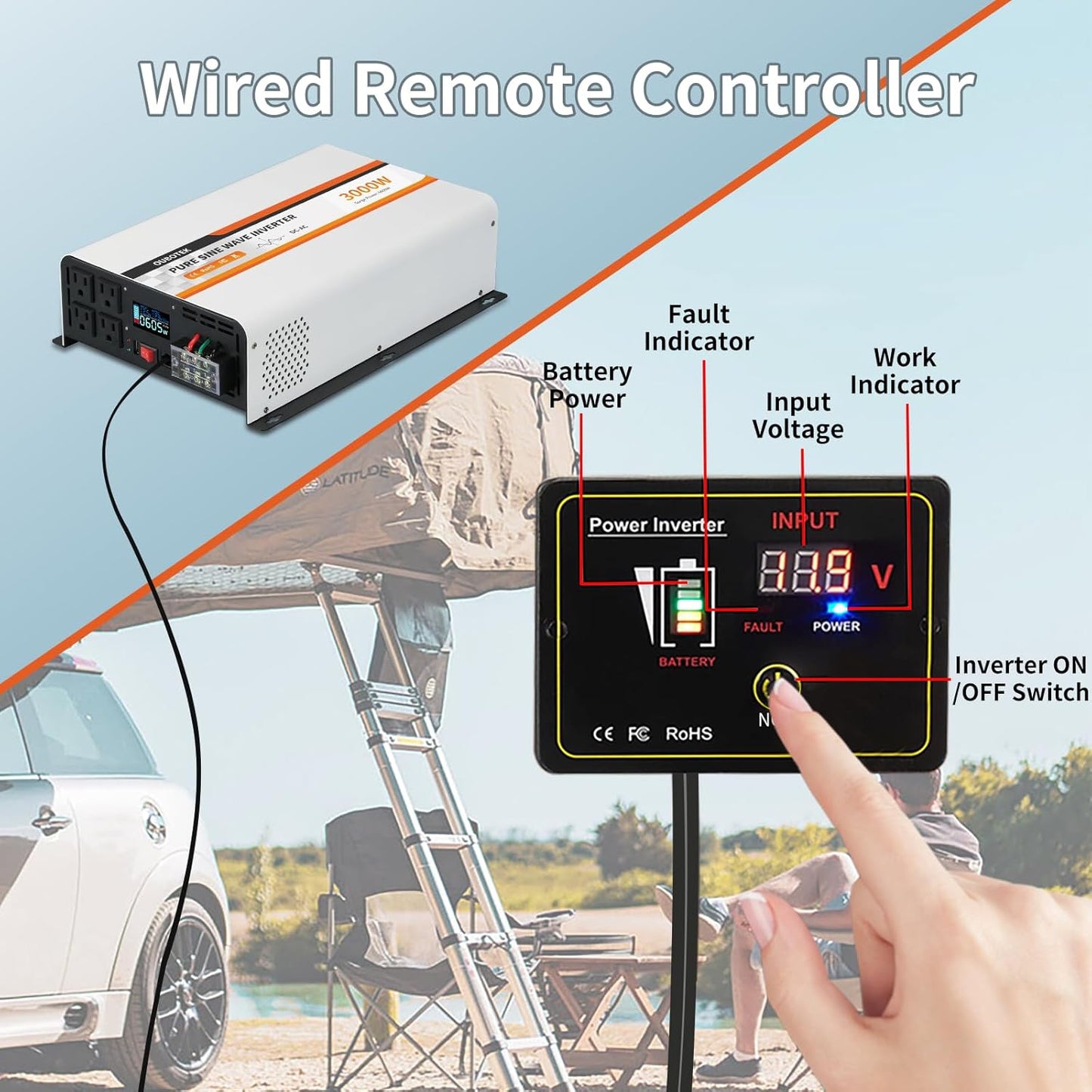 3000 Watt Pure Sine Wave Inverter, DC 12V to AC 120V with LCD Display, Remote Control, USB Port, 4 AC Outlets, and Terminal Block for RV Boat Camping Solar System and Home Use