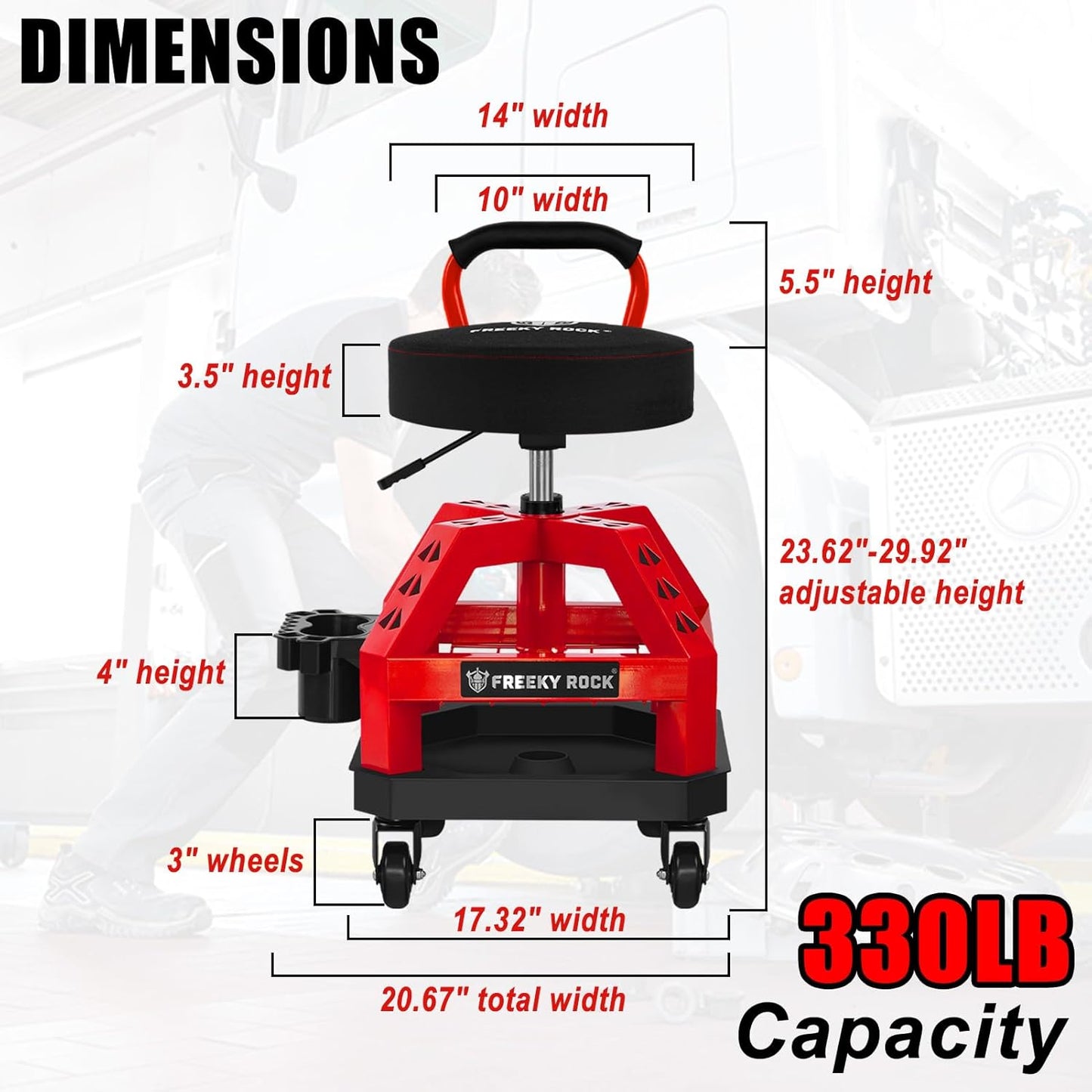 Rolling Shop Stool with Wheels, Heavy Duty Garage Work Mechanic Stool with Backrest, Adjustable Height 360°Swivel Rolling Chair with Tool Tray Storage, 330 LBS Capacity, Red