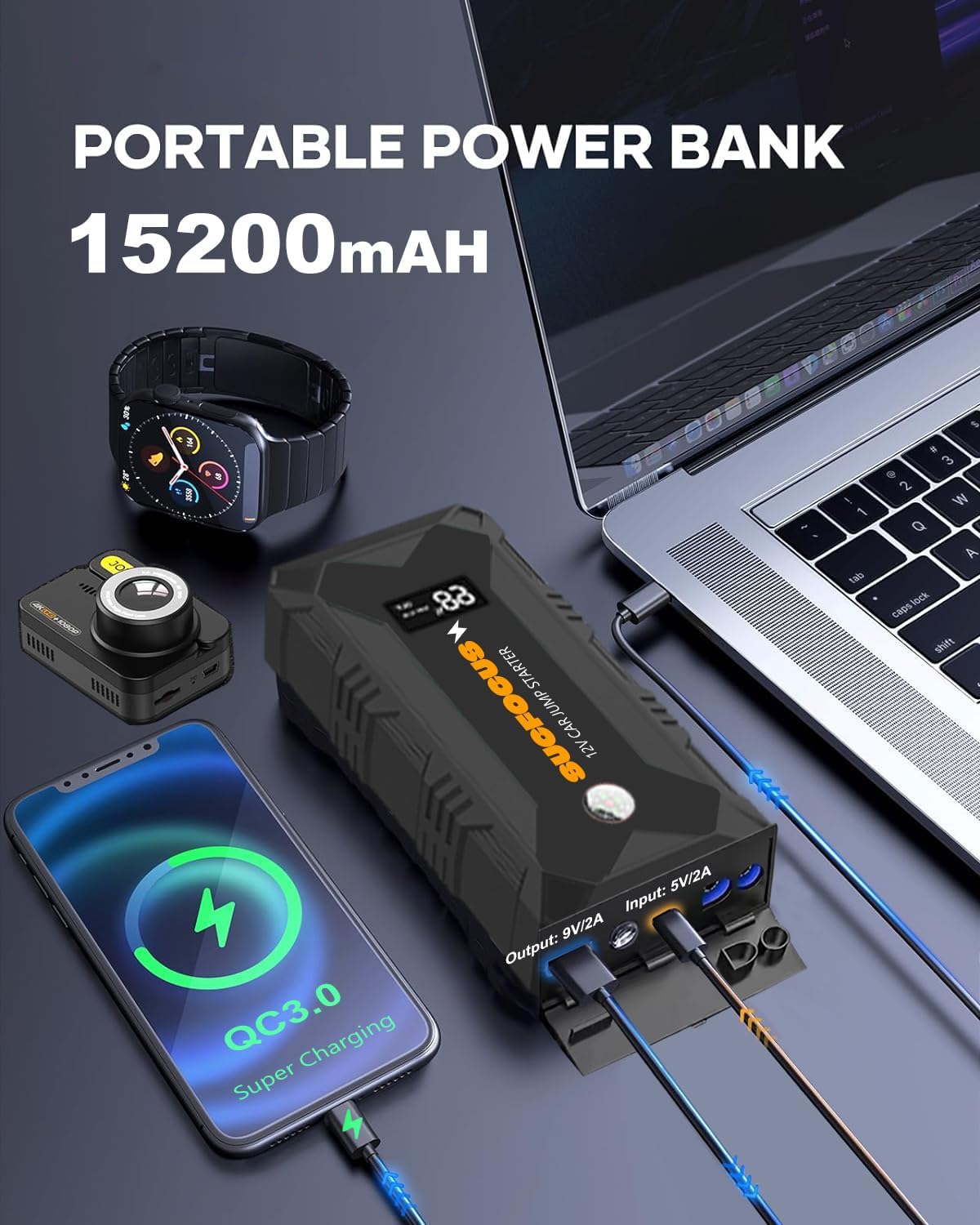 Jump Starter, 2500A Battery Jumper Starter Portable (for 8.0L Gas or 6.5L Diesel Engine), Car Battery Jump Starter, Jump Box, Jump Start Battery Pack with Jumper Cable, LED Light, USB QC3.0 (Black)