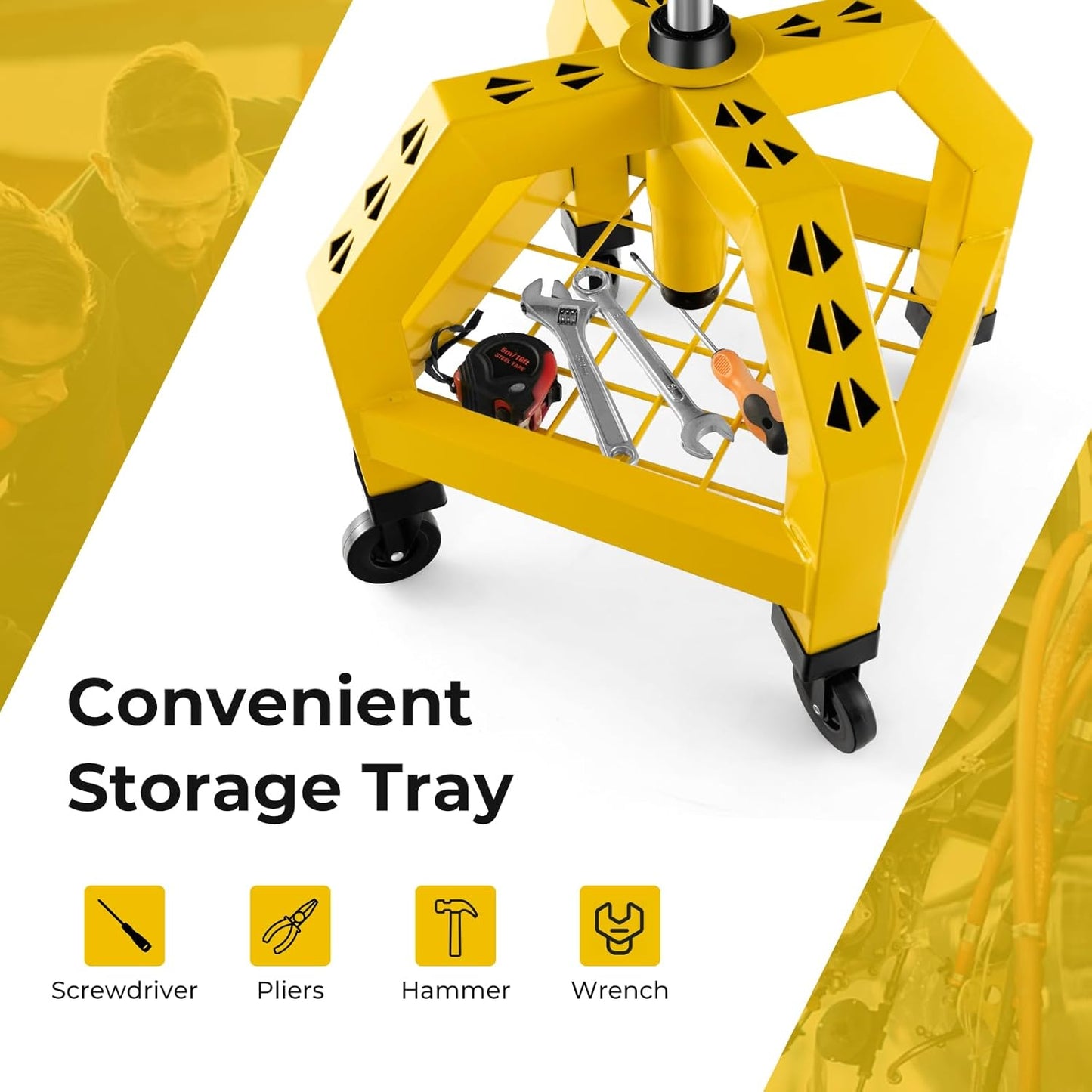 S AFSTAR Shop Stool with Wheels, Height Adjustable Garage Stool with 4 Universal Wheels & Tool Tray, 330 LBS Capacity, Heavy Duty Creeper Chair Seat Rolling Mechanic Stool for Garage Workshop (Yellow)