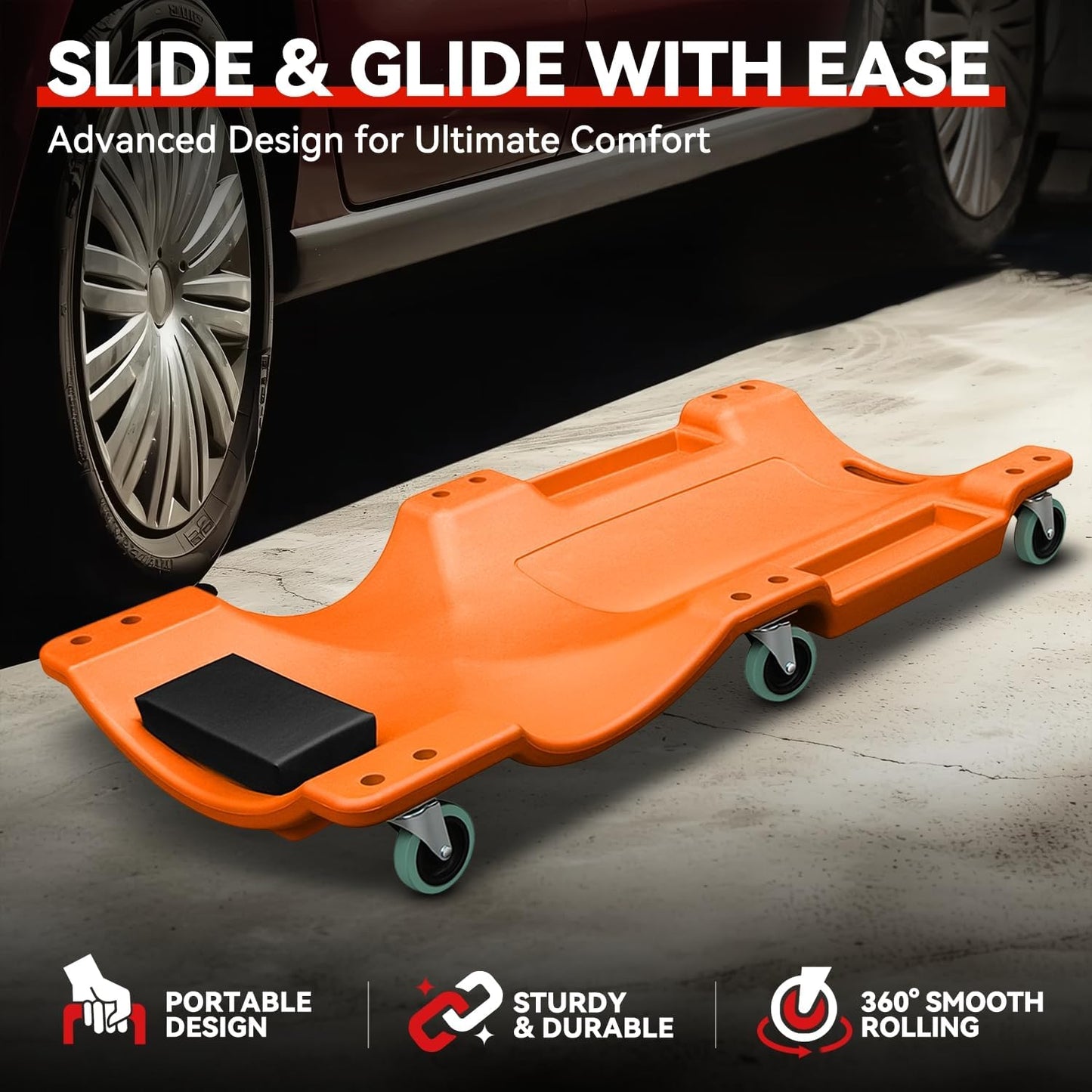 Auto Dynasty 40 Inches Mechanic Creeper, Automotive Garage Repair Low Profile Under Car Rolling Creeper with Padded Headrest, Plastic, Orange