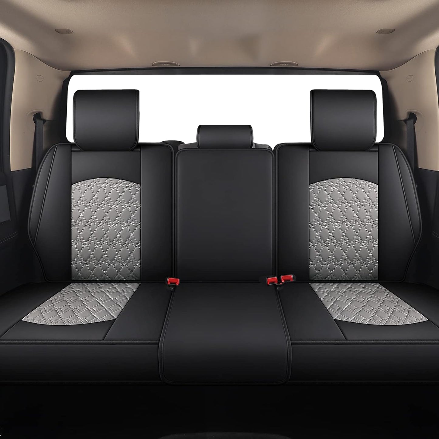 JOJOBAY Car Seat Covers for Dodge Ram Full Set,Fit Ram 2009-2025 1500/2500/3500 Pick-up Truck,Crew,Regular,Quad,Mega Cab,Waterproof Leather Seat Covers Protectors（5 PCS Full Set,Black-Grey）