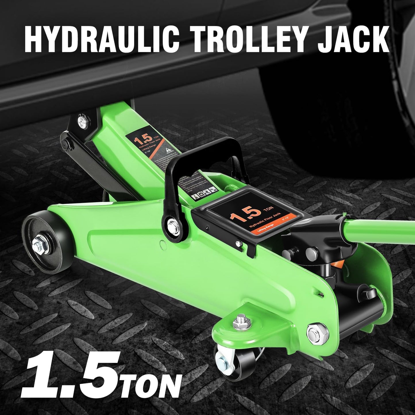 DNA MOTORING Low Profile Hydraulic Trolley Service/Floor Jack, 1.5 Ton (3000 lbs) Capacity, Lifting Range 5.3"-12", Green, TOOLS-00326-GR