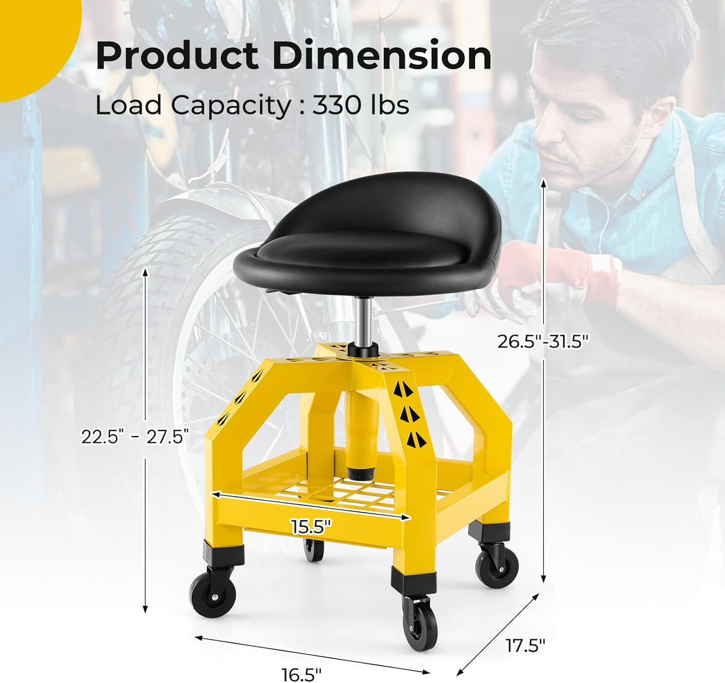 S AFSTAR Shop Stool with Wheels, Height Adjustable Garage Stool with 4 Universal Wheels & Tool Tray, 330 LBS Capacity, Heavy Duty Creeper Chair Seat Rolling Mechanic Stool for Garage Workshop (Yellow)