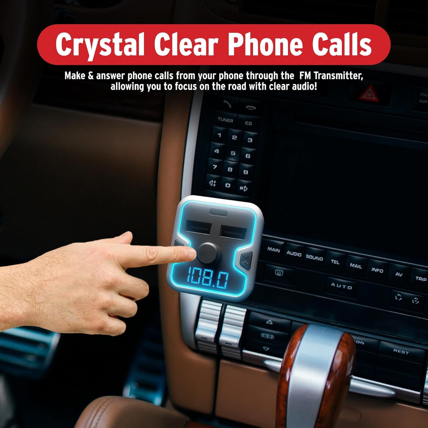 Car and Driver Bluetooth 5.0 FM Transmitter Charger, Dual USB-A and USB-C Lighter Adapter, Triple-Port Design with Fast Charging, Compatible with Mobile Alexa, Siri, and Google Assistant