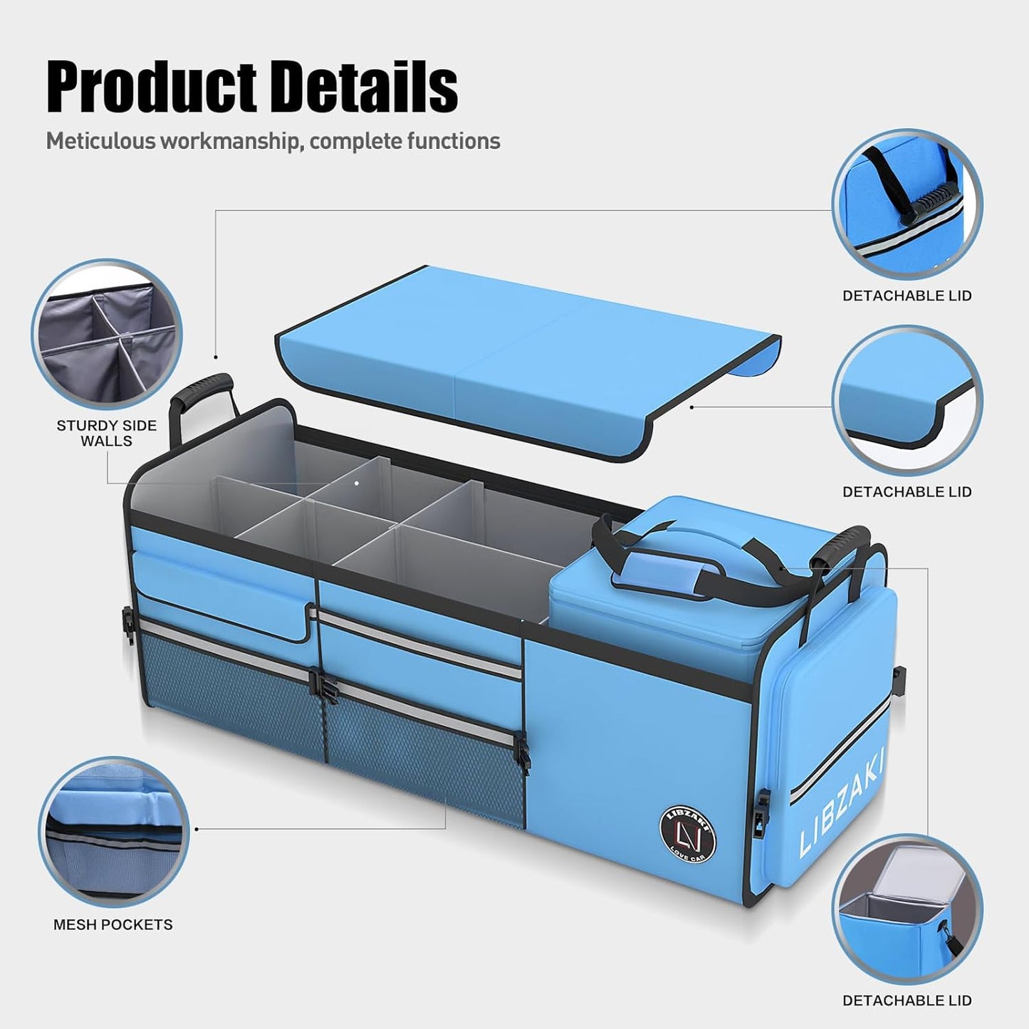 LIBZAKI Oversize 4 in 1 Car Trunk Storage Organizer, Multi Compartment Collapsible Trunk Storage Box with Cooler Bag for Car Truck SUV-Light Blue
