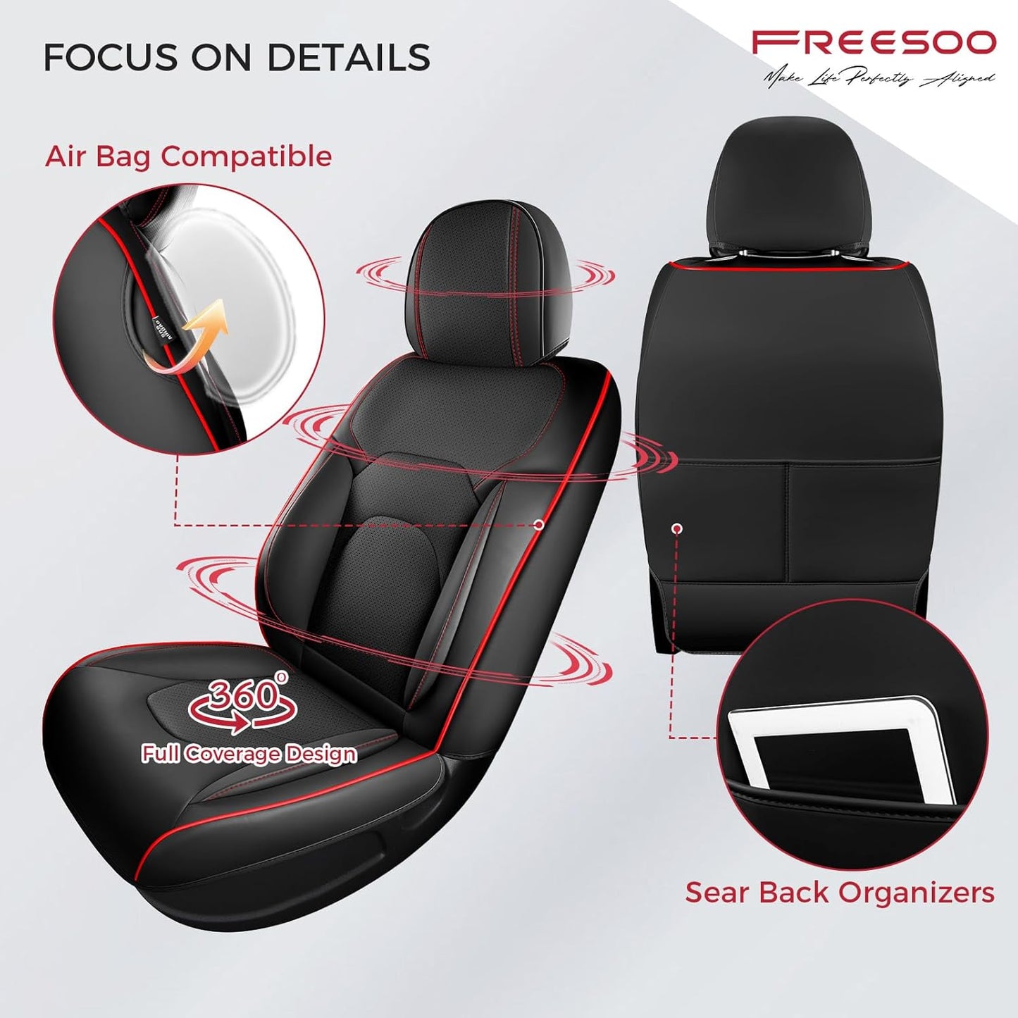 FREESOO Car Seat Covers Full Set,Waterproof Automotive Seat Covers, Leather Cars Interior Covers, Seats Protection Universal fit Babies & Adult (Black Red)