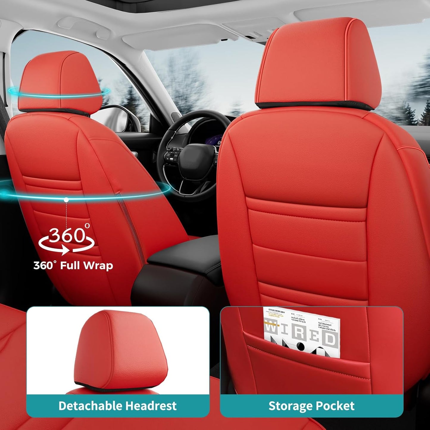 Seat Covers for Honda Civic Sedan 4DR Sedan LX 2022 2023 2024 2025.Faux Leather Car Seats Cover Full Set,(Rear Row Solid Folding Backrest)-RED