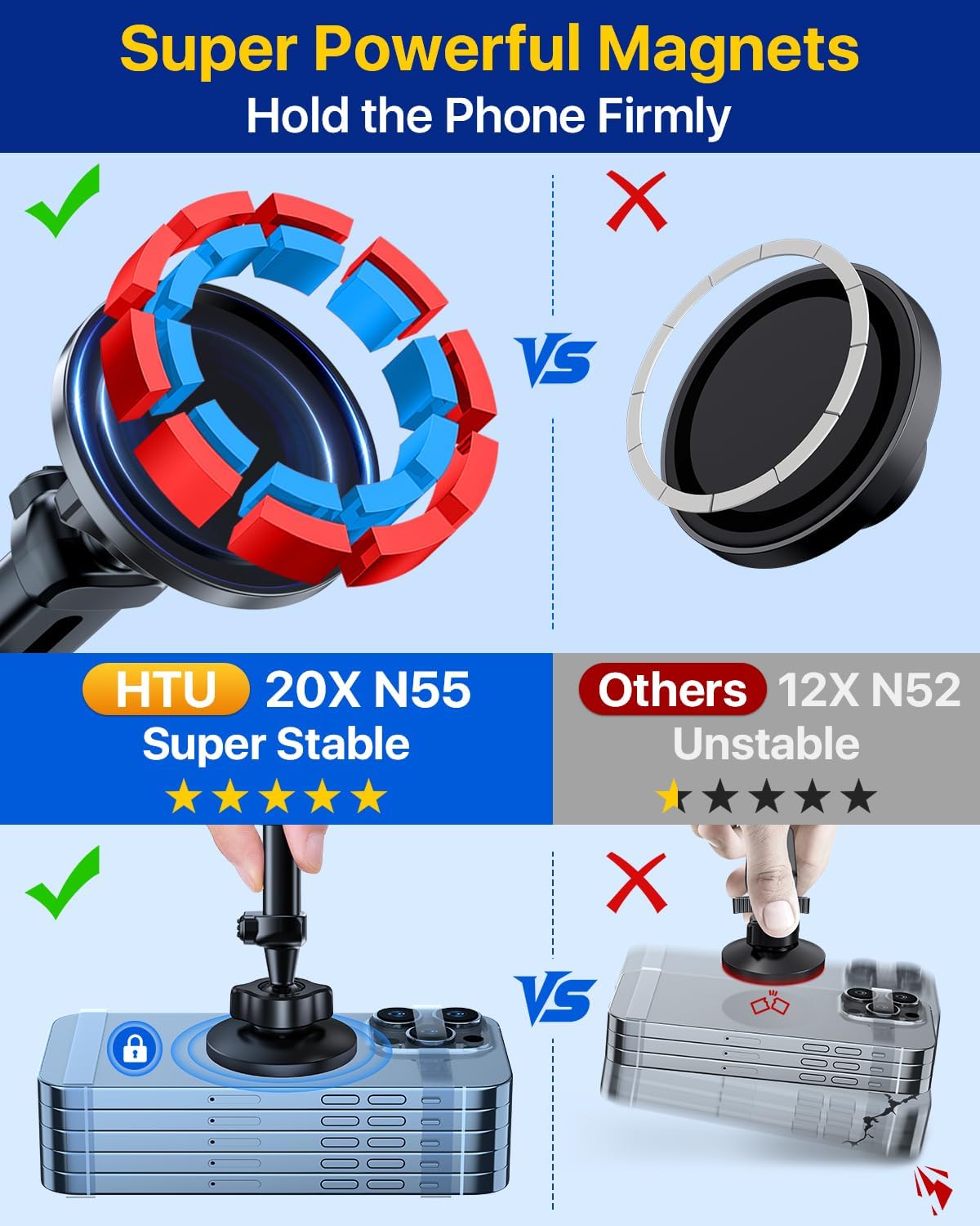 HTU for MagSafe Car Phone Mount Magnetic Phone Holder for Windshield Vent Dashboard Magnetic Suction Phone Mount for iPhone 16/15/14/13/12 & Android (Black)