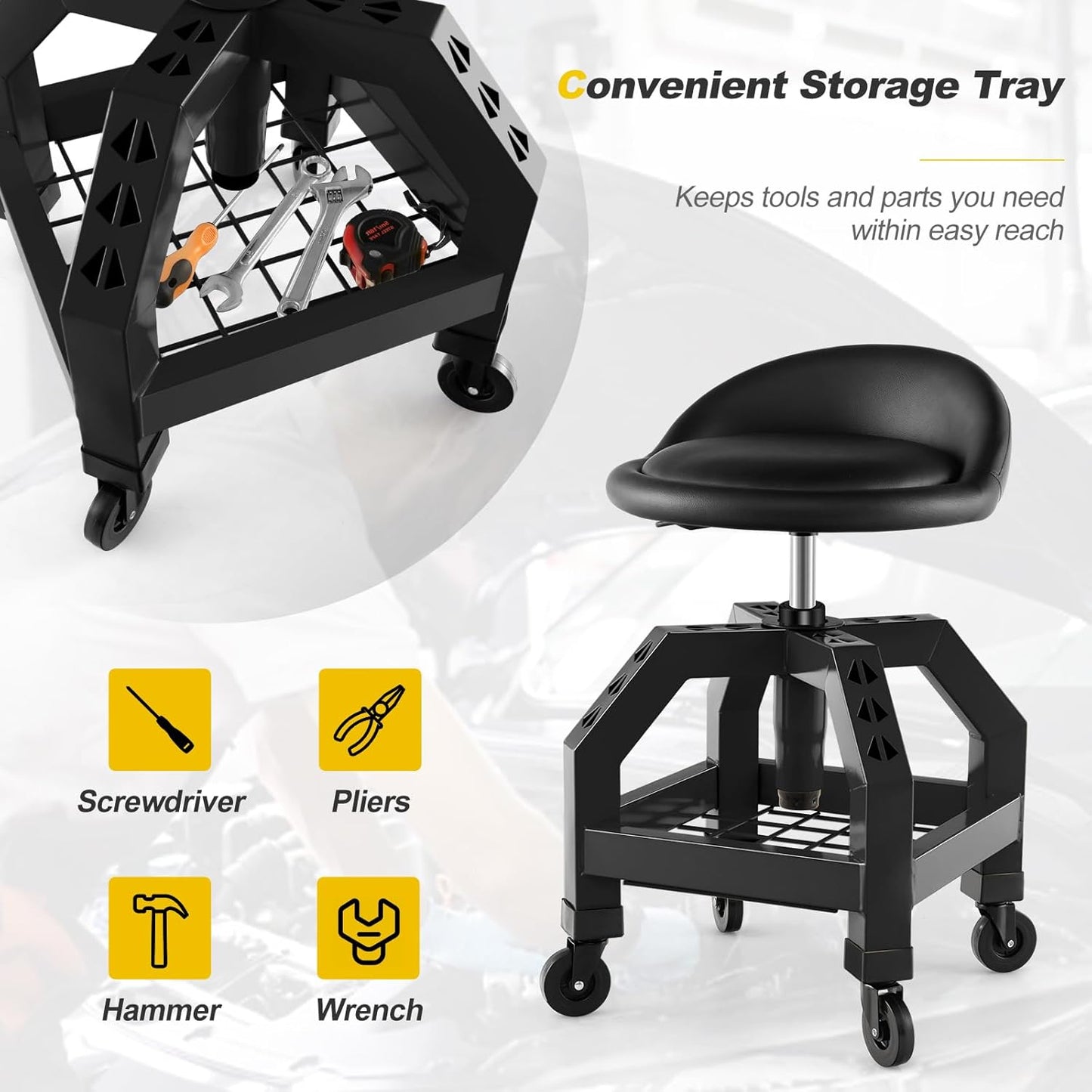 Goplus Rolling Garage Stool, 22.5”-27.5” Adjustable Mechanic Chair with Padded Seat, 330LBS Capacity, Tool Tray, Heavy Duty Creeper Seat, 360° Swivel Shop Stool for Workshop