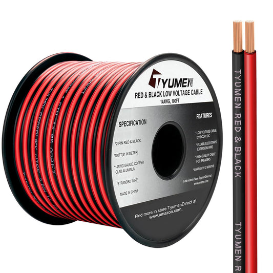 100FT 14/2 Gauge Red Black Cable Hookup Electrical Wire LED Strips Extension Wire 12V/24V DC, 14AWG Flexible Extension Cord for LED Ribbon Lamp Tape Lighting