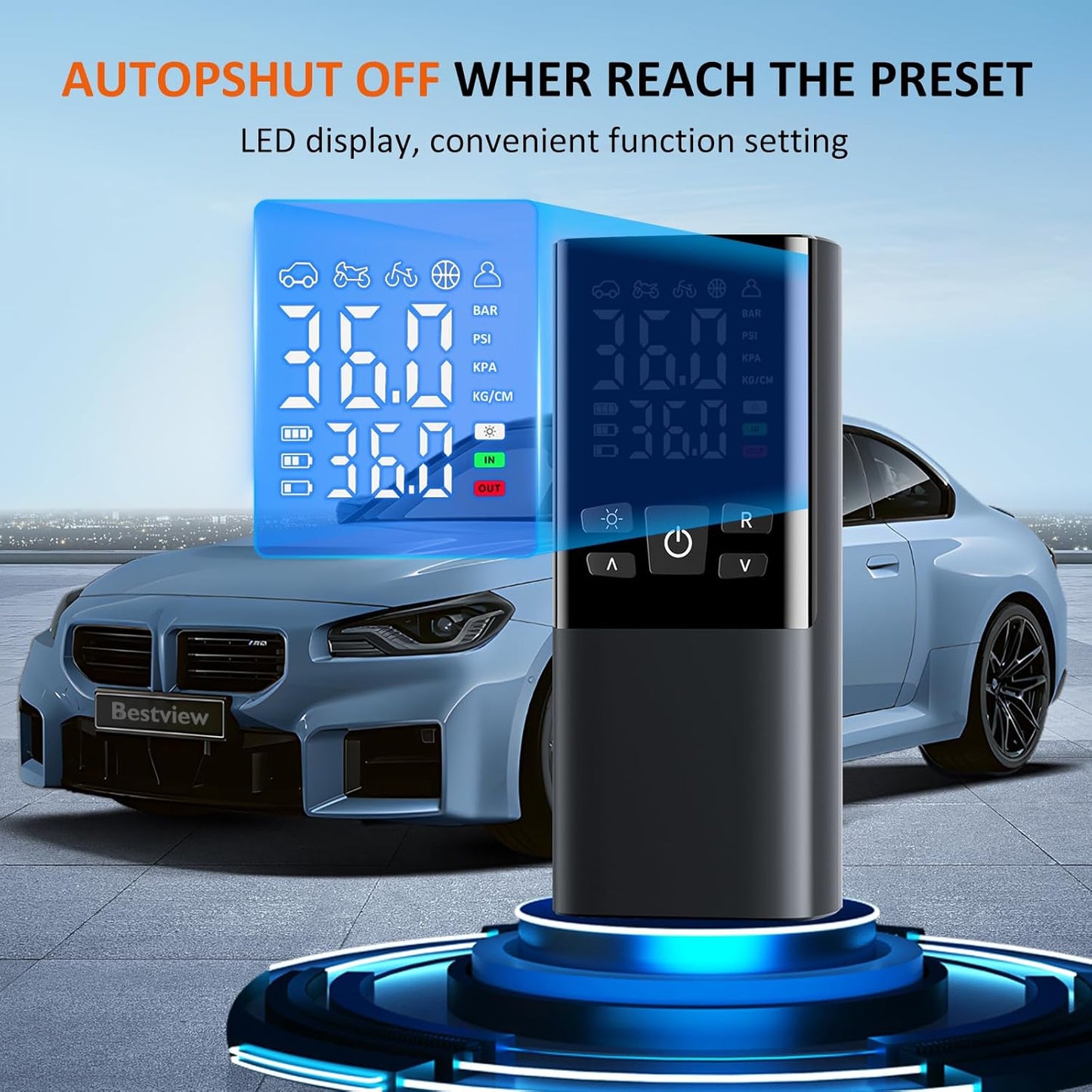 Bestview Tire Inflator Portable Air Compressor-150PSI Air Compressor 4X Faster, Equipped with Digital Pressure Gauge and LED Light,Suitable for Cars, Bicycles, Motorcycles and Ball Sports Equipment