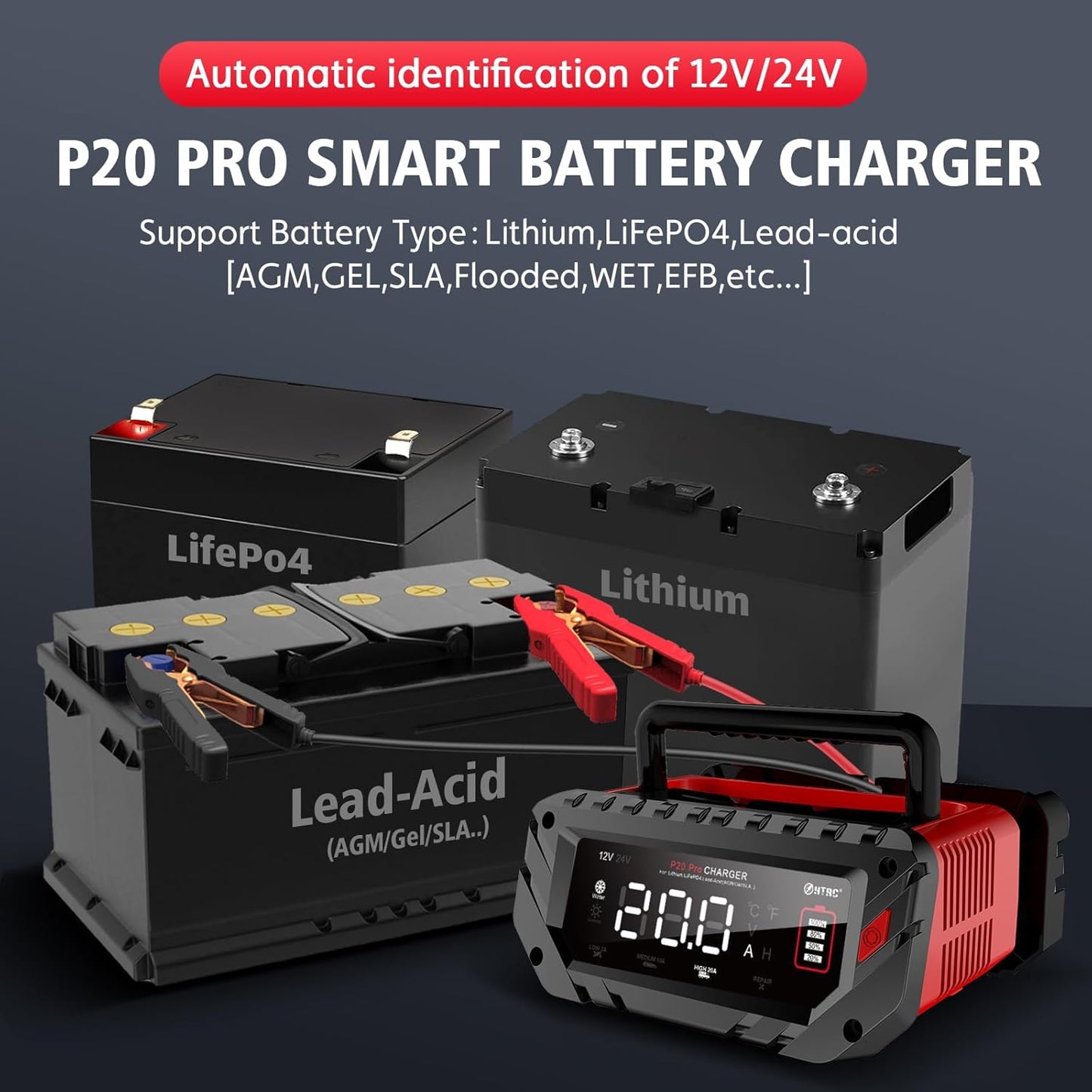 Lithium Lifepo4 Battery Charger,12V 24V AGM Deep Cycle Fully Automatic Car Battery Charger,12 Volt 24 Volt 20 amp Batetry Charger Automotive,Smart Trickle Charger