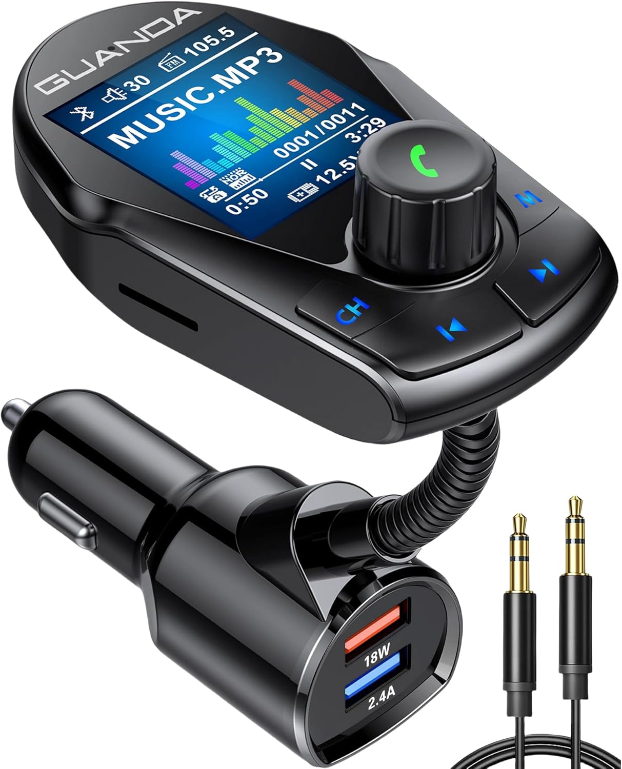 Bluetooth FM Transmitter (Upgraded Version) in-Car Wireless Radio Adapter Kit W 1.8" Color Display Hands-Free Call Fast Charging 18W and Smart 2.4A Dual USB Ports, TF Card MP3 Player