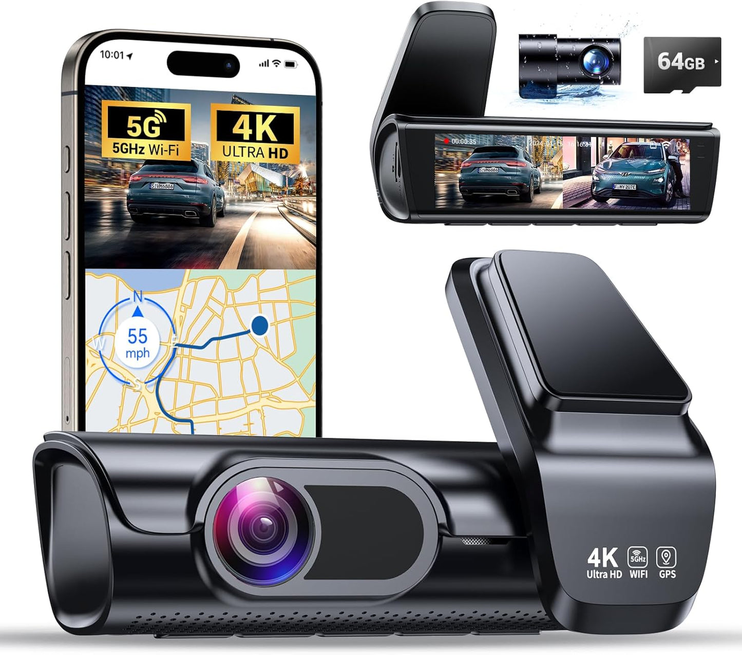 K600 4k Dash Cam Front and Rear, 3.59" IPS Screen, Built-in GPS 5G WiFi Dash Camera for Cars with App, UHD 2160P Night Vision Free 64G SD Card, 170° Wide Angle, HDR, 24H Parking Mode