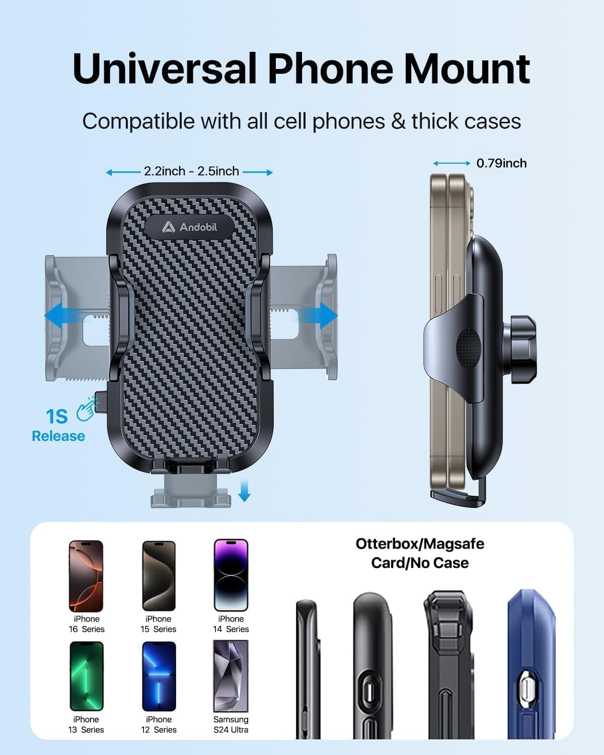 andobil Car Phone Holder, 2025 Military-Grade 85lbs Strongest Suction Phone Holders for Your Car Dashboard/Windshield/Vent Easy Clamp Cellphone Holder Truck Stand for iPhone 16 15 14 Pro Max Samsung