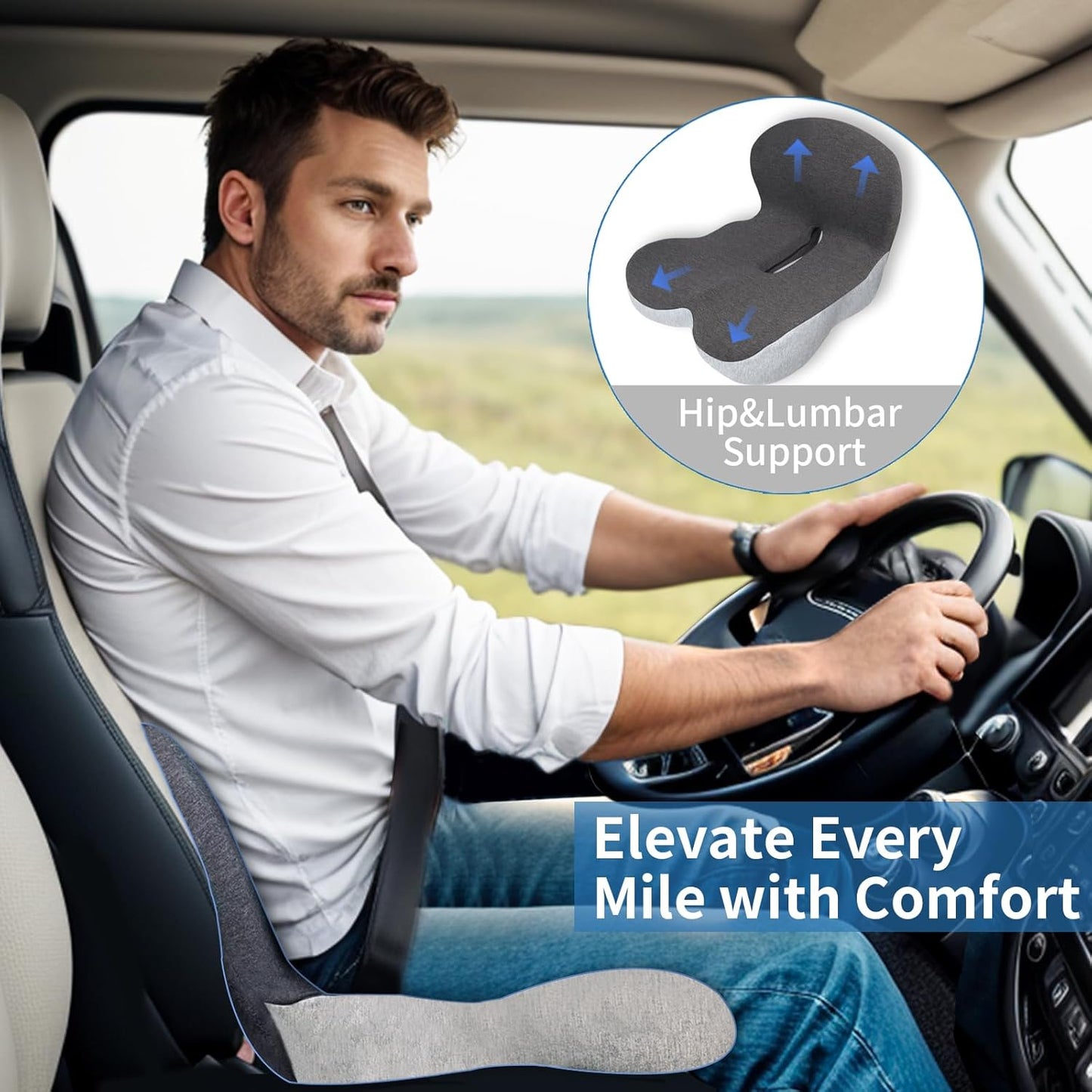 Memory Foam Seat Cushion,Office Chair Cushion with Lumbar Support for Back Pressure Relief, Car Seat Cushion with Adjustable Strap,Sciatica Pad Cushions for Car,Truck, Desk,Gaming Chair