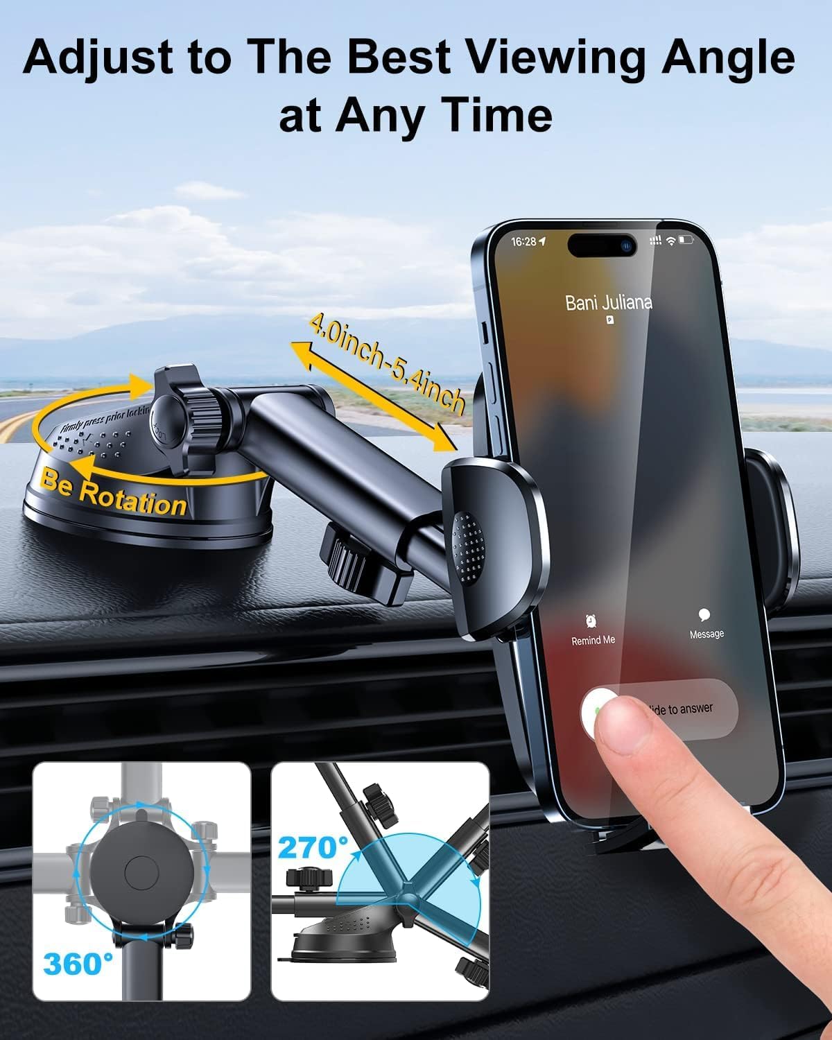 Blue 3-in-1 Phone Mount for Car [2025 Most Stable and Flexible Suction Cup] Vent Dashboard Windshield Cell Phone Holder Car Fit for iPhone, Samsung, All Phone