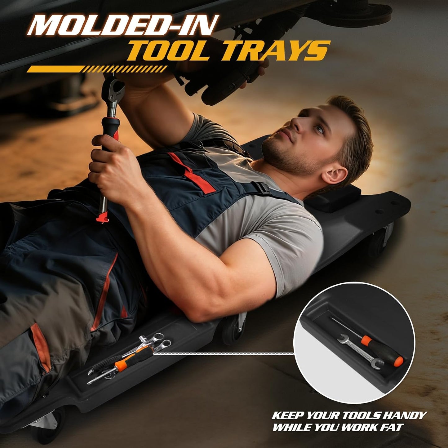 Magshion Rolling Garage with Padded Headrest, Shop Creeper 40" Mechanic Cart with Double Tool Tray and 6 Casters, 330 lbs Capacity Lightweight Automotive Creeper, (Black)