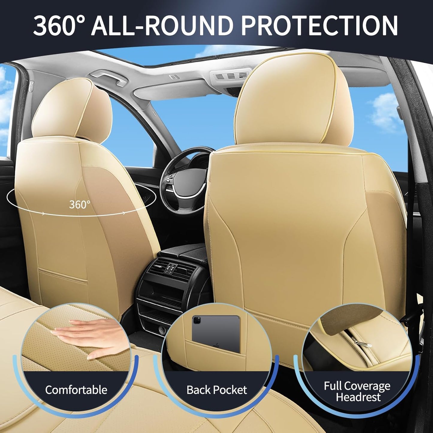 Car Seat Covers Full Set,Breathable and Waterproof Faux Leather Automotive Seat Covers for Cars,Luxury Universal Fit Seat Covers for SUV, Sedans and Trucks,Beige