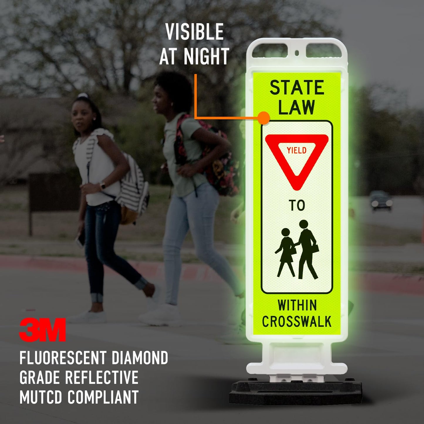 State Law Yield for Pedestrian in Crosswalk R1-6a MUTCD Sign, Double Sided 3M Engineer Grade Reflective, Portable Rubber Base, Impact Resistant Plastic Frame