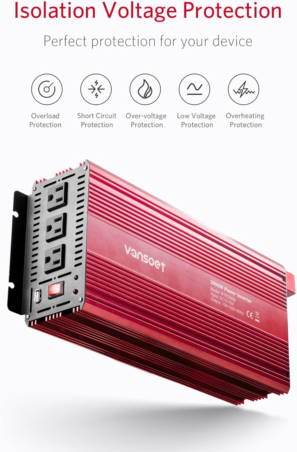 3000 Watts Power Inverter, 12V DC to120V AC Car Inverter with 3 AC Outlets and 2.4A USB Port, Battery Cables Included, 3000W Car Converter Suitable for Car RV Truck Boat(Red)