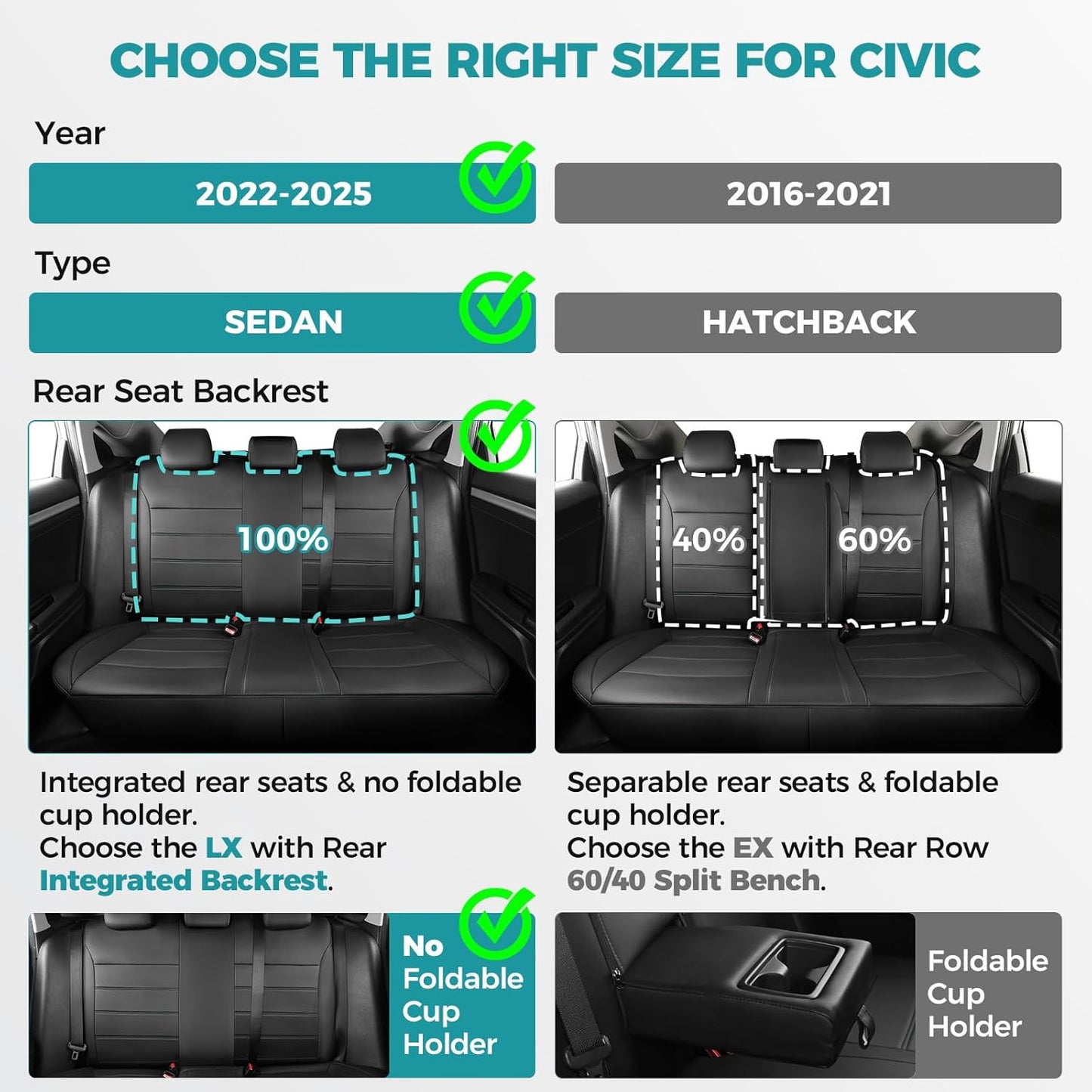 Seat Covers for Honda Civic Sedan 4DR Sedan LX 2022 2023 2024 2025.Faux Leather Car Seats Cover Full Set,(Rear Row Solid Folding Backrest)-BlackBlue