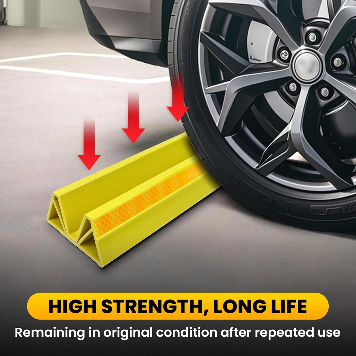 2 Pcs 18'' Parking Car Wheel Stopper for Garage with 2 Installation Methods, Heavy Duty Tire Stops with Reflective Tapes, Car Parking Aids for Garage, Yellow