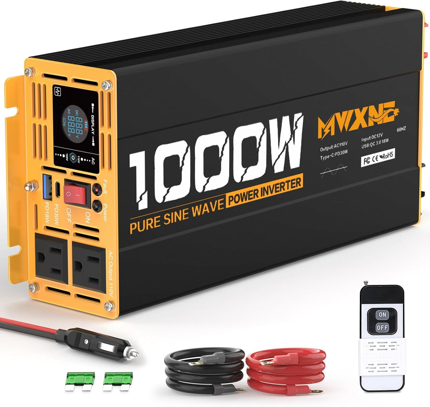 1000W Pure Sine Wave Power Inverter 12V DC to 110V 120V AC Converter with 2 AC Outlets, QC3.0/PD30W Fast Charging USB Ports, LCD Display and Remote Control, Car Inverter Adapter for Vehicles