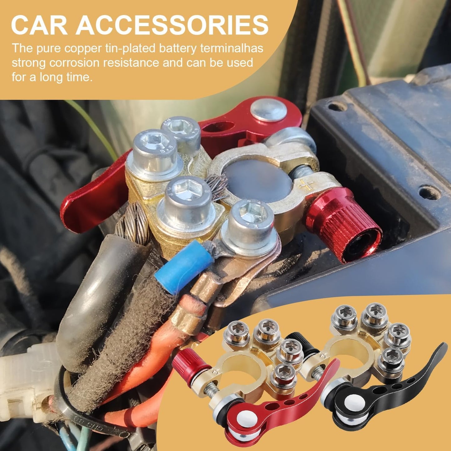 SINGARO Car Battery Terminal Connector, 4 Way Positive and Negative Pole Quick Release Terminal Clip, Applicable to SAE/JIS A Type Terminal Post, Compatible with Cars, Trucks and More（Gold-B）