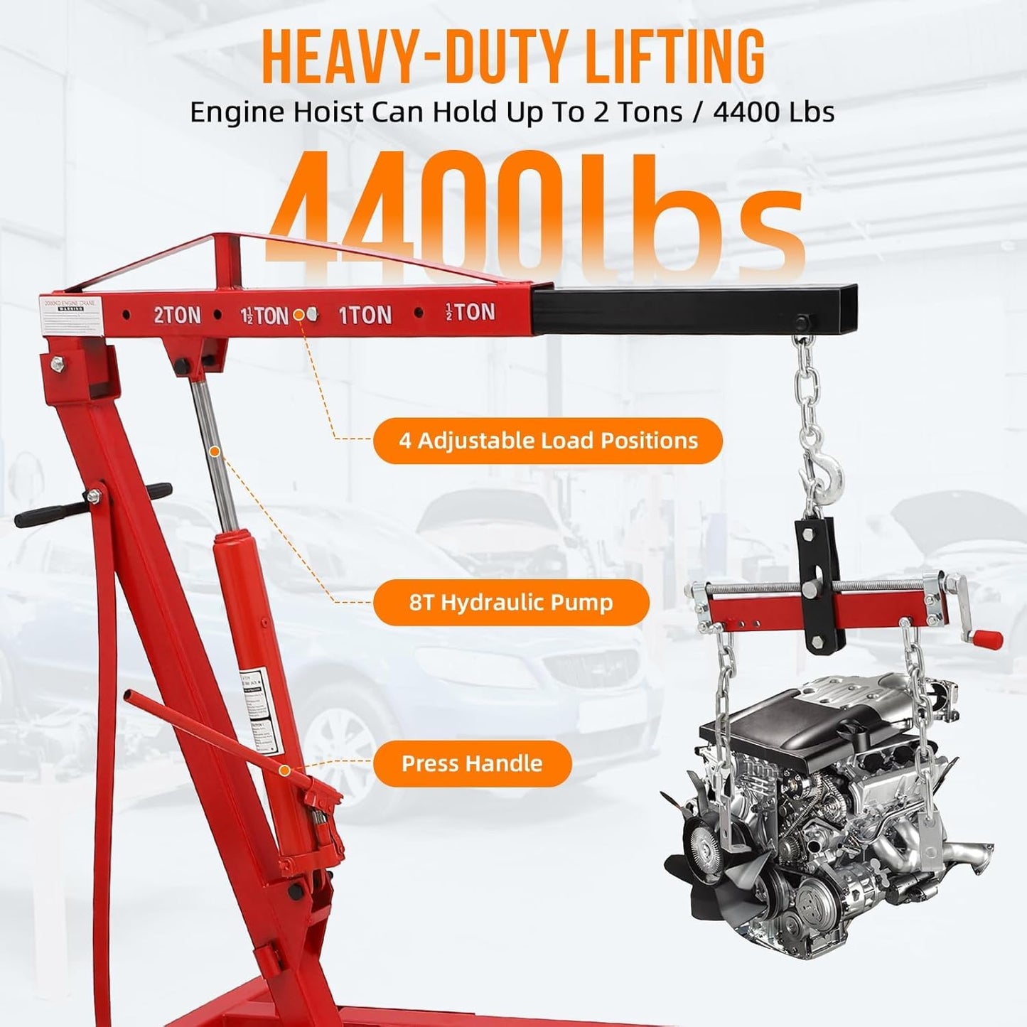 2 Ton Engine Hoist, Folding Cherry Picker Engine Hoist with Lever and 6 Casters, Heavy Duty Hydraulic Shop Crane, Engine Crane Lifter for Workshops Garage Warehouse, Red