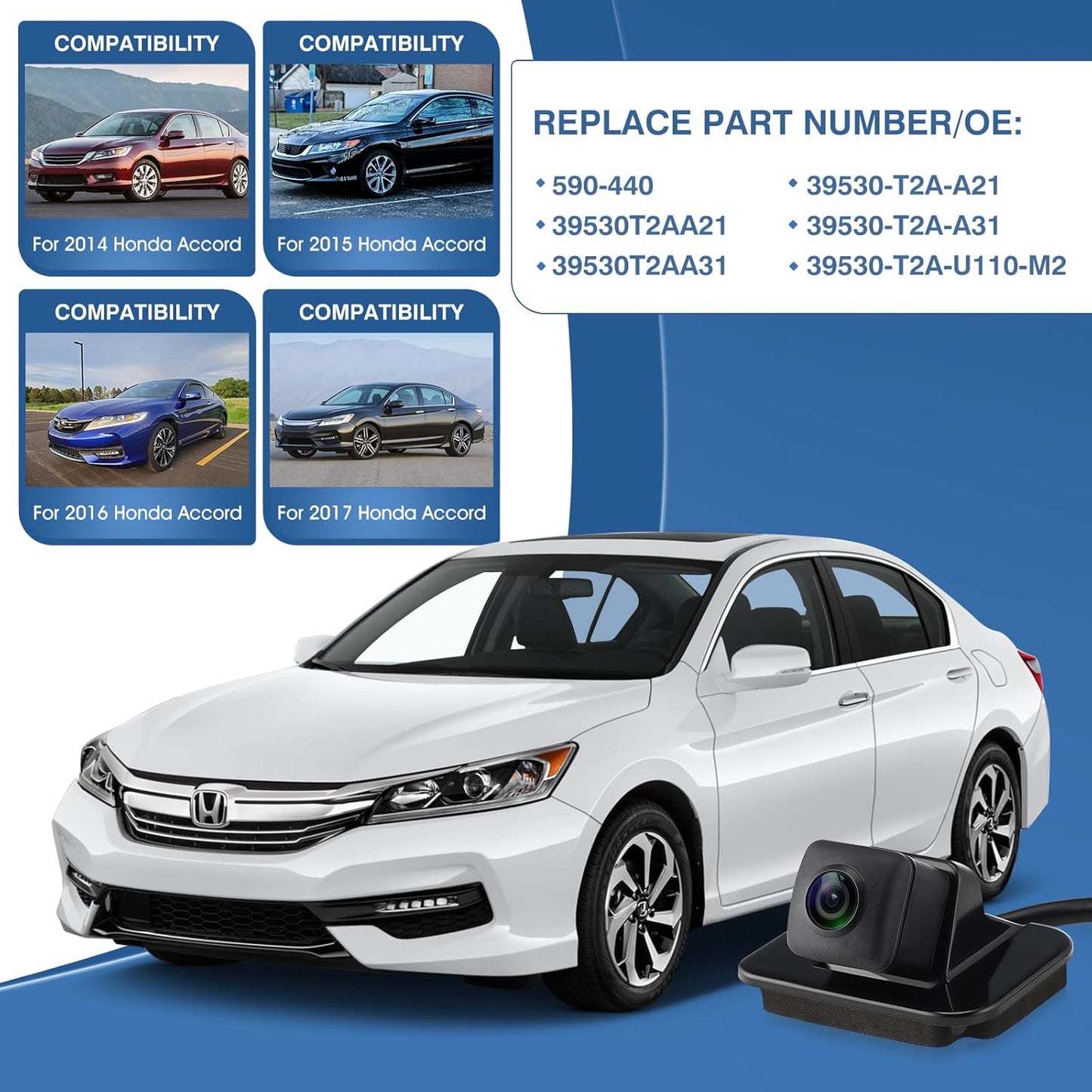 Rear Park Assist Backup Camera 39530-T2A-A21 Compatible with Honda Accord 2014-2017, Reversing Assist Rear View Camera 590-440, 39530T2AA21, 39530T2AA3