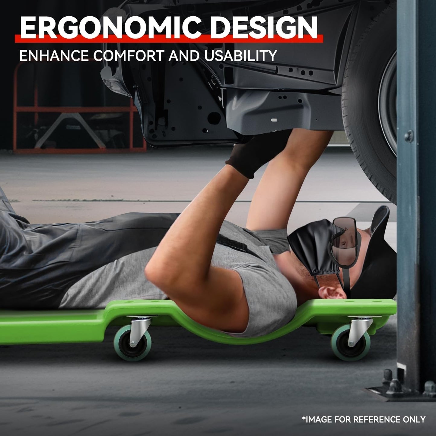 Auto Dynasty 40 Inches Mechanic Creeper, Automotive Garage Repair Low Profile Under Car Rolling Creeper with Padded Headrest, Plastic, Green